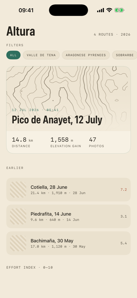 Altura library screen listing hikes with distance, elevation gain and photos